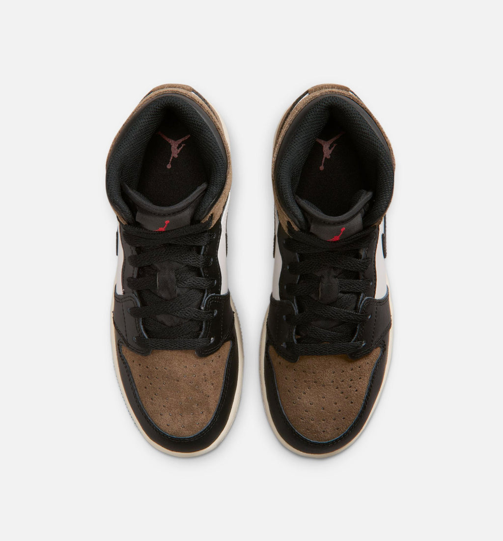 Air Jordan 1 Mid 大童款休闲鞋 - 黑/幻影/塔山马色/大学红