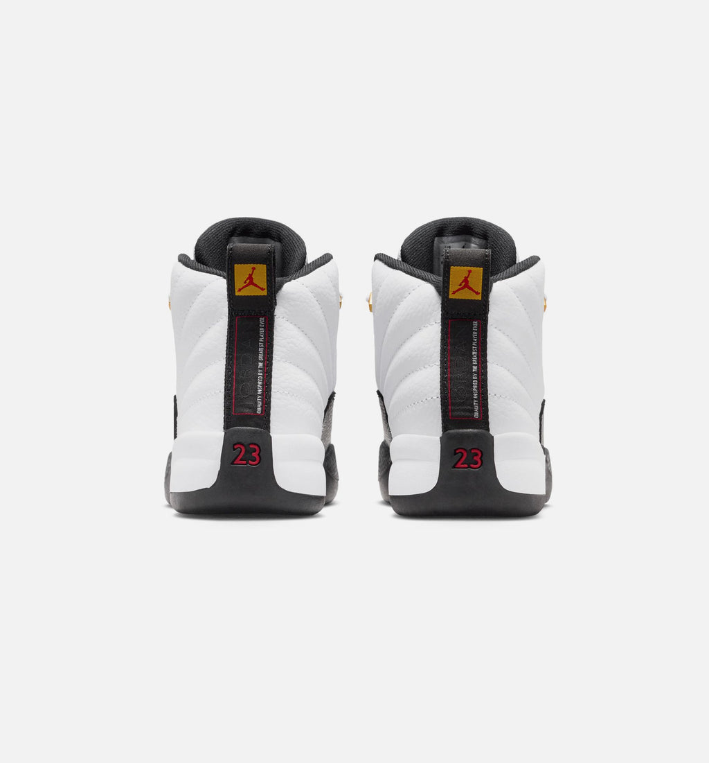 Air Jordan 12 Retro 出租车黄学龄前款休闲鞋 - 白/黑/出租车黄