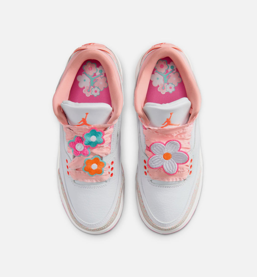 Air Jordan 3 Retro 春花大童款休闲鞋 - 珍珠粉/粉花/粉色发光/超级橙