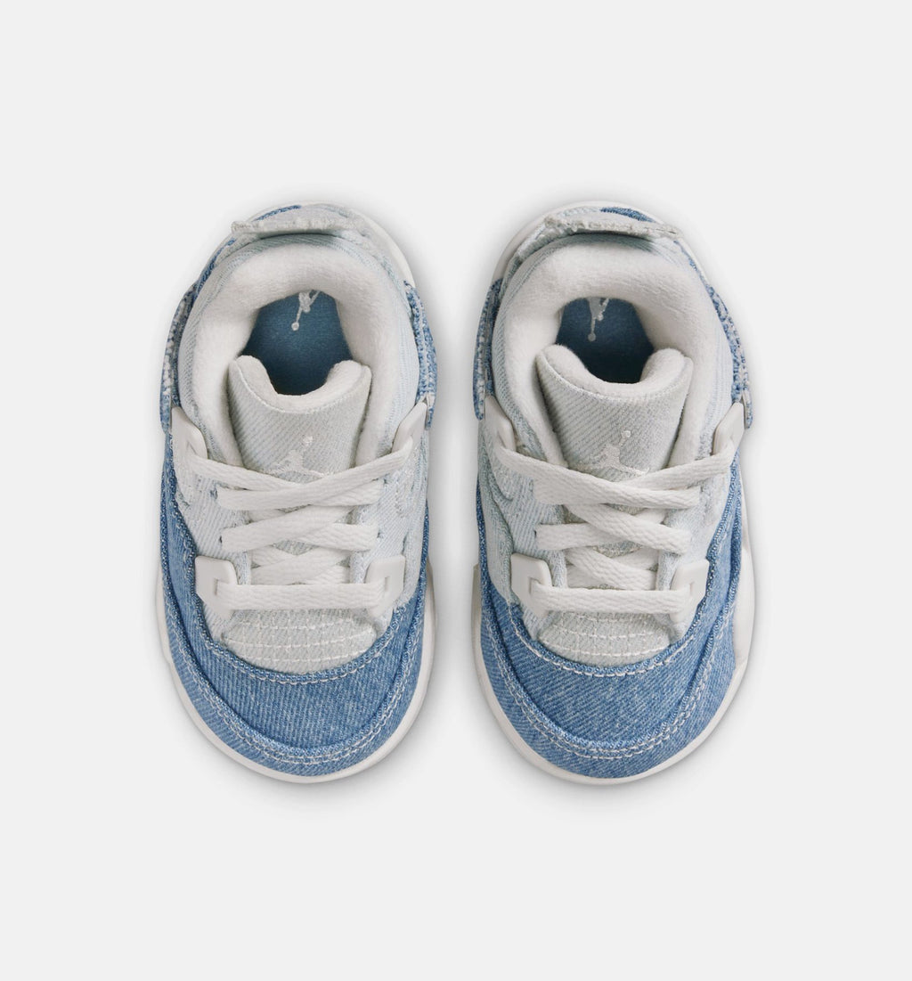 Air Jordan 4 Retro 磨蓝婴幼儿款休闲鞋 - 帆白/磨蓝/金属金
