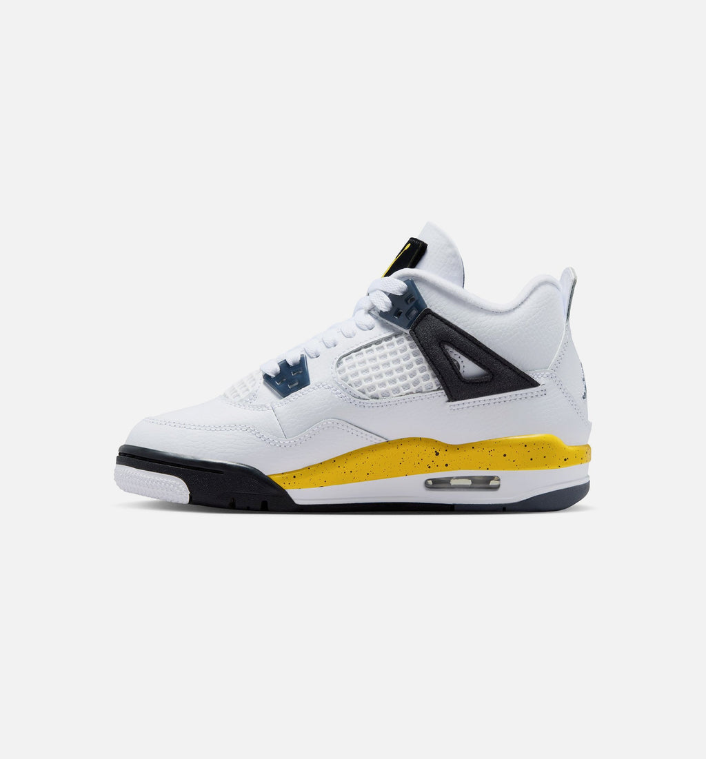 Air Jordan 4 Retro 稀有空气巡游黄大童款休闲鞋 - 白/深蓝灰/黑/巡游黄