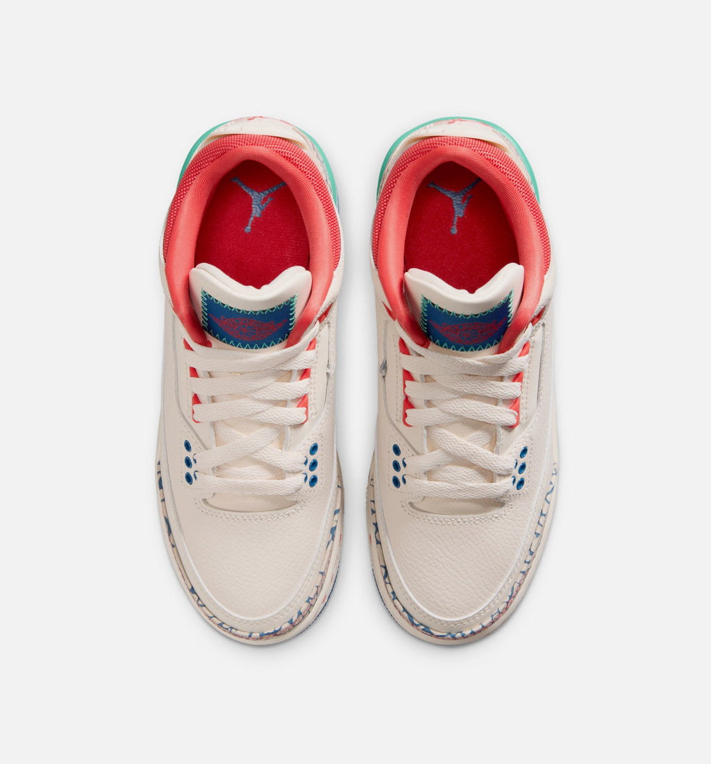 Air Jordan 3 Retro 自由玩耀大童款休闲鞋 - 粉笔/跑道红/真蓝/动能绿